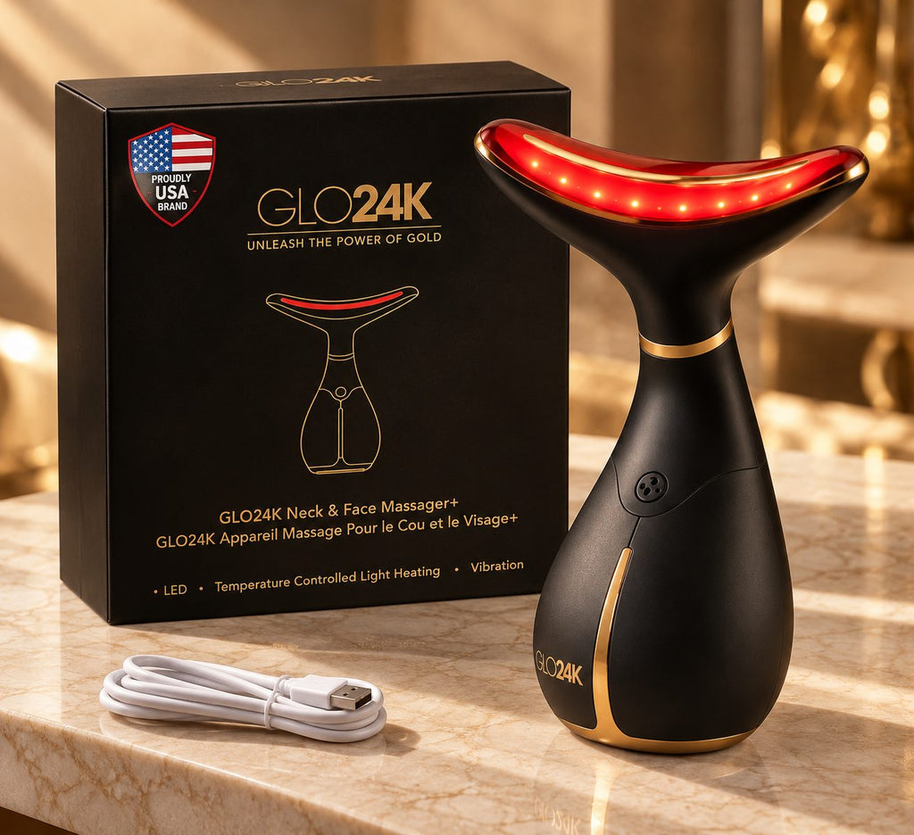 GLO24K LED facial massager with red light beside its gift box