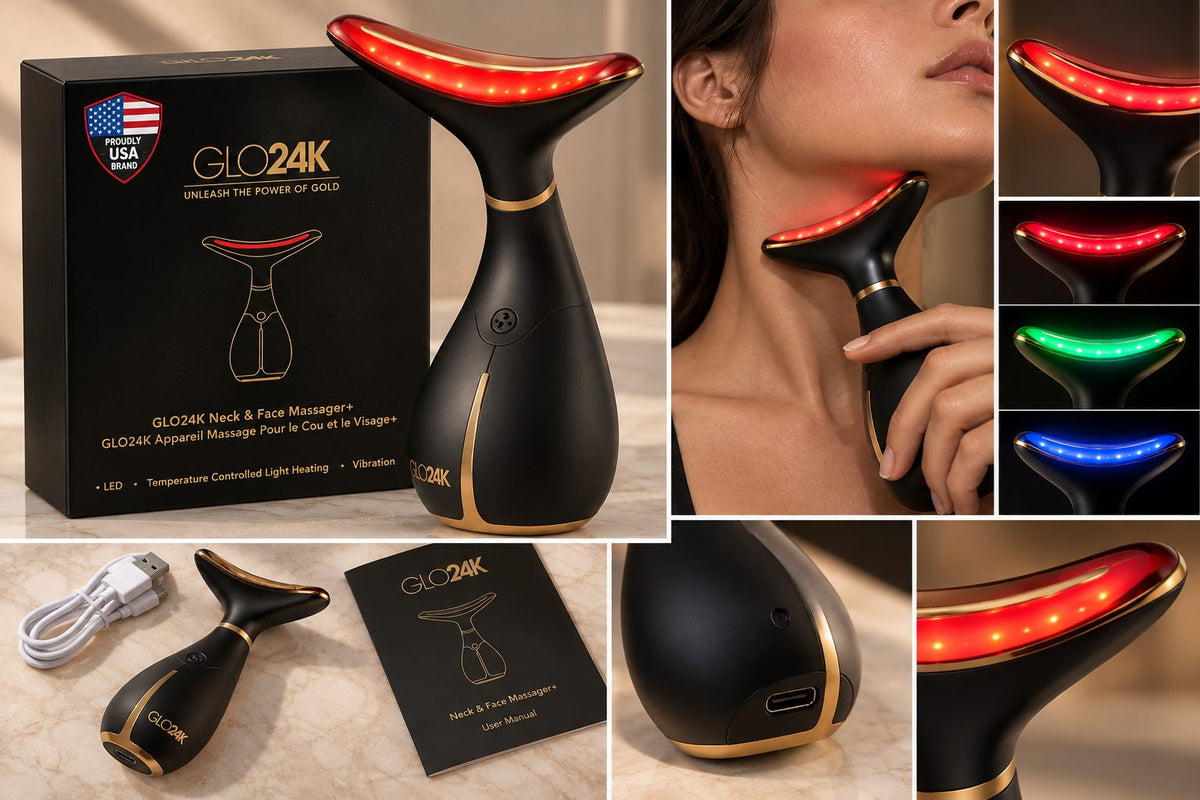 GLO24K device details, light modes and use on the neck