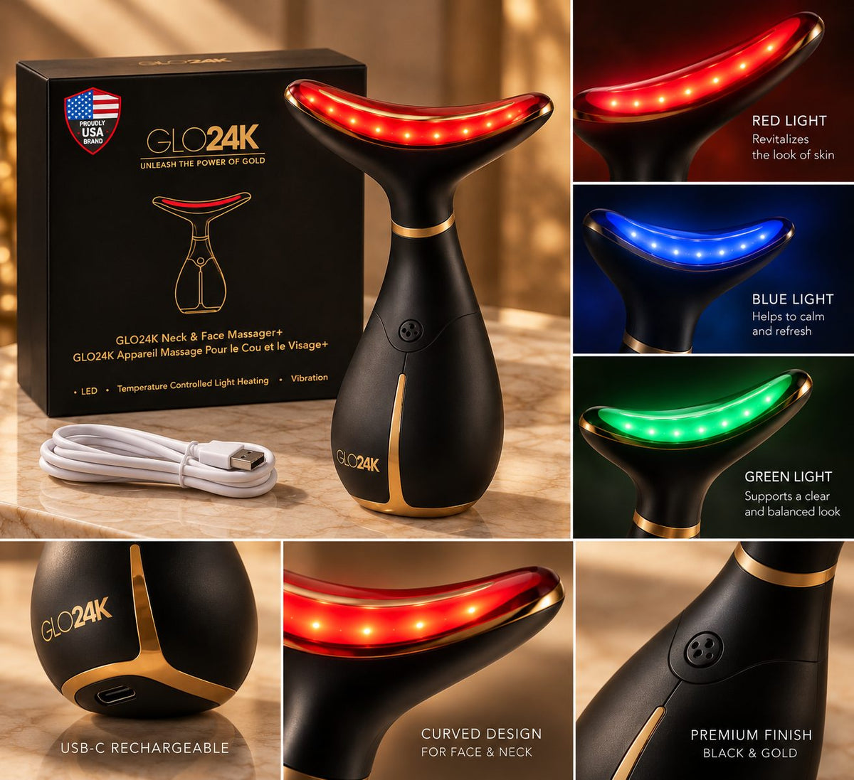 GLO24K close-up details: USB-C port, curved head and black and gold finish