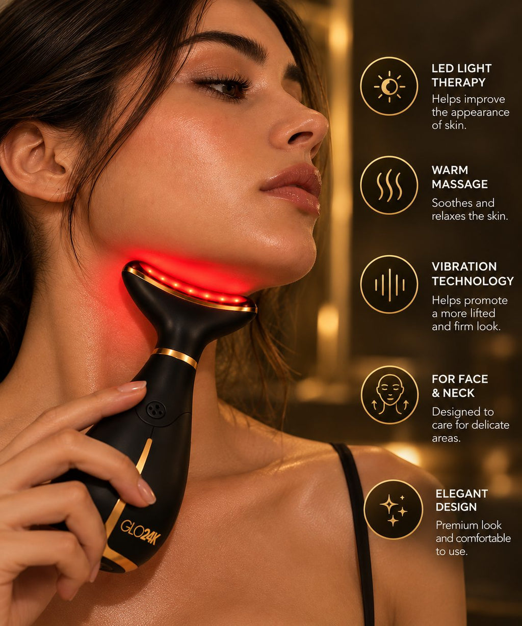 Woman using the GLO24K along her jawline with red light