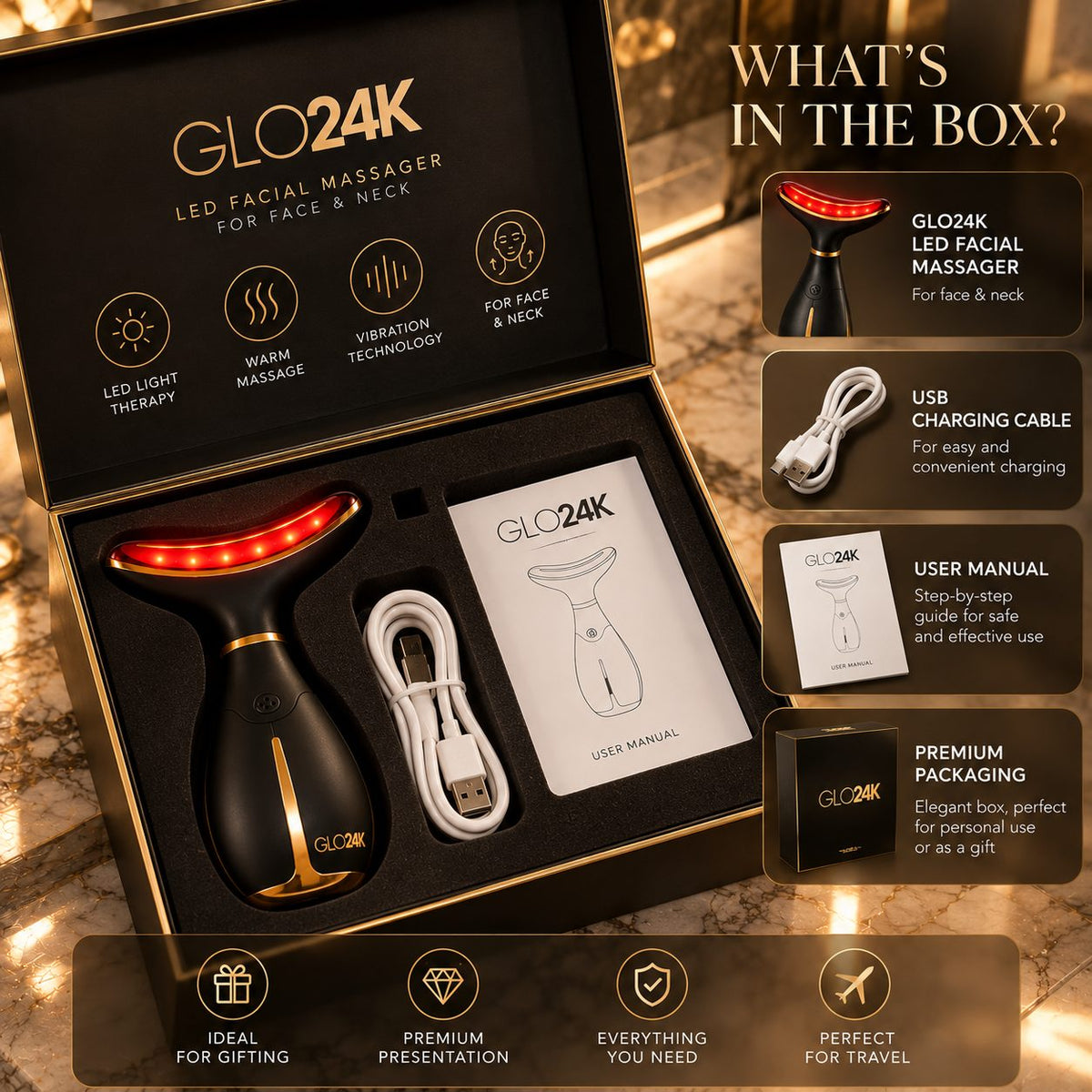 GLO24K presented in its open gift box with cable and manual