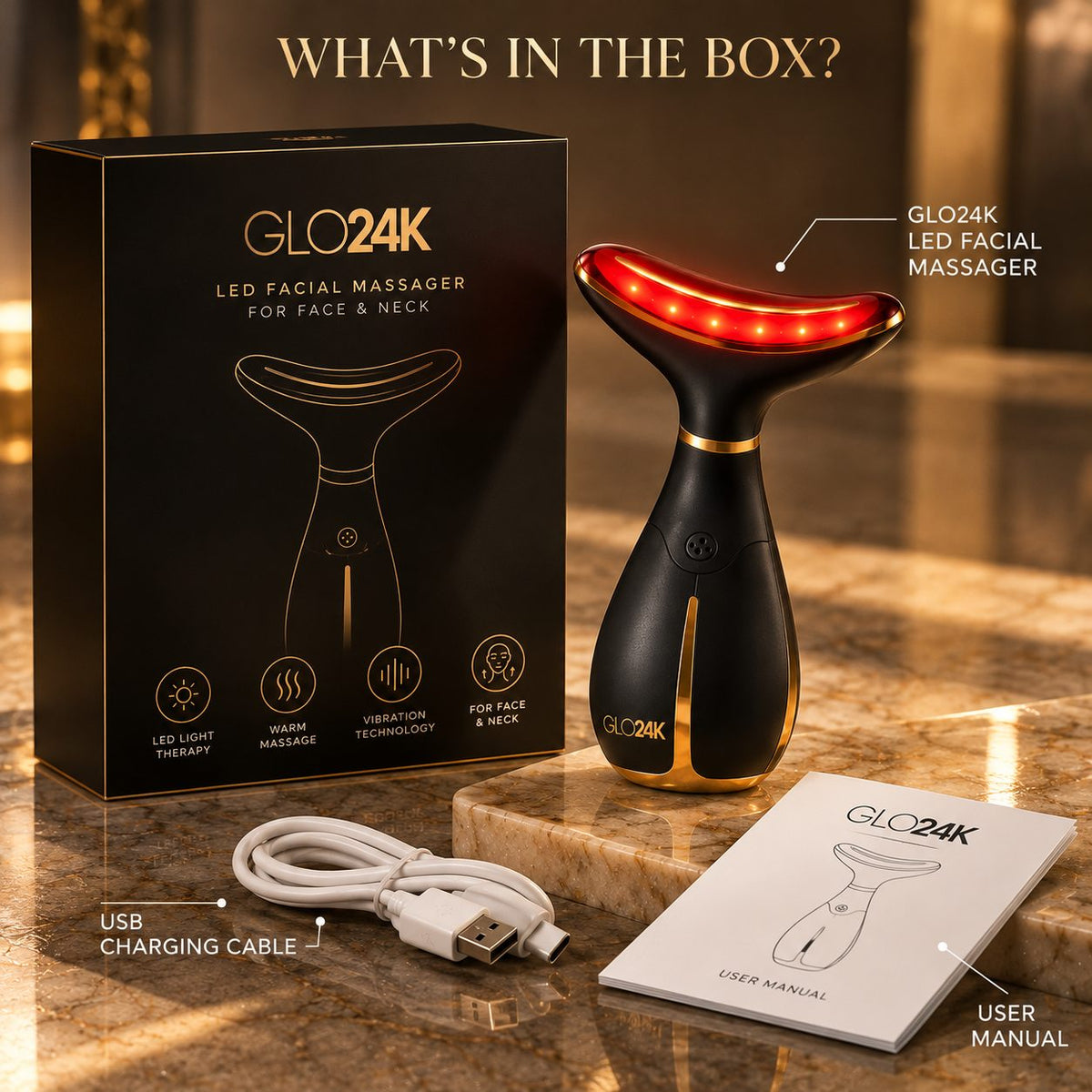 What's in the box: GLO24K device, charging cable and user manual
