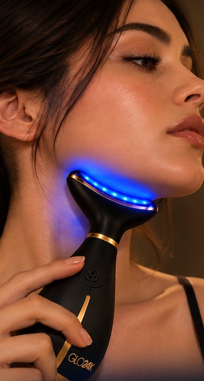GLO24K in blue light mode along the jawline