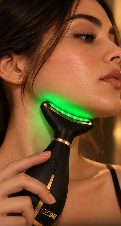 GLO24K in green light mode along the jawline
